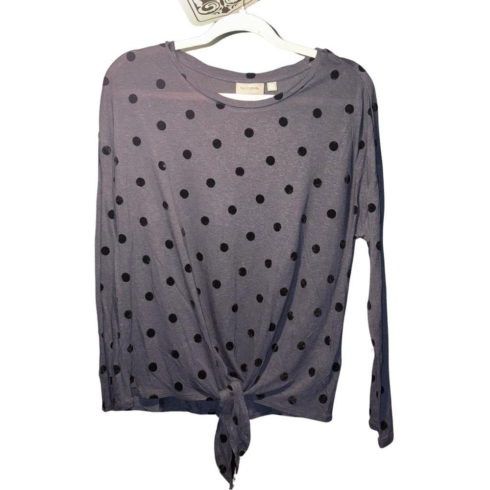 Sussan Dark Gray and Black Polka Dot Tie Front Long Sleeve Blouse, NWOT